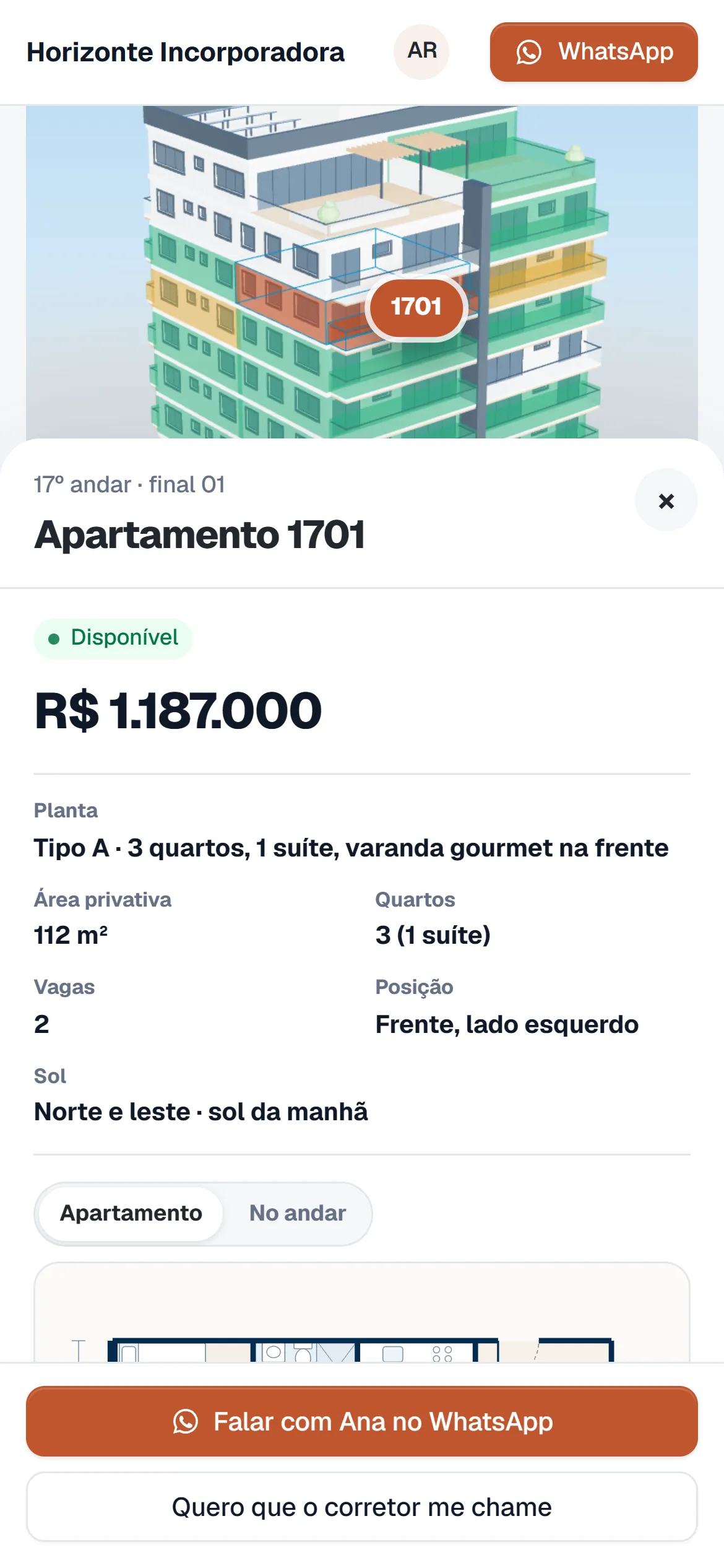 Link público da Torre Horizonte aberto no celular, com o prédio em 3D e o botão para falar com o corretor