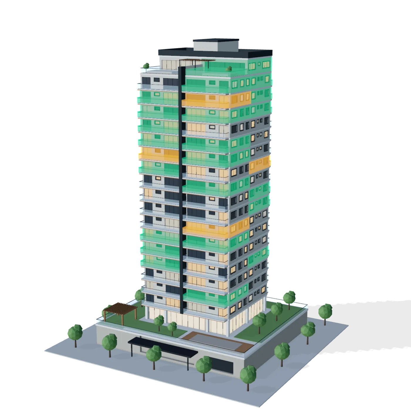 Torre Horizonte em 3D à noite, com as janelas acesas